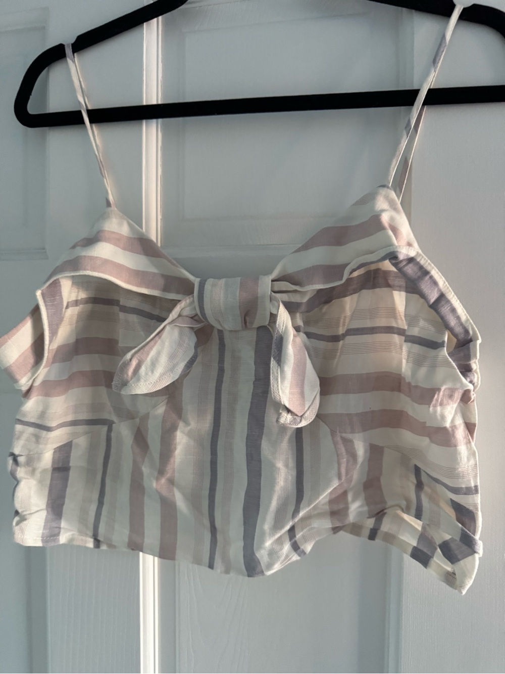 Express Striped Tie-Front Crop Top - White, Pink & Light Gray